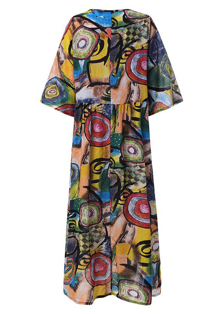 Retro Graffiti Print Round Neck Pleated Maxi Dresses