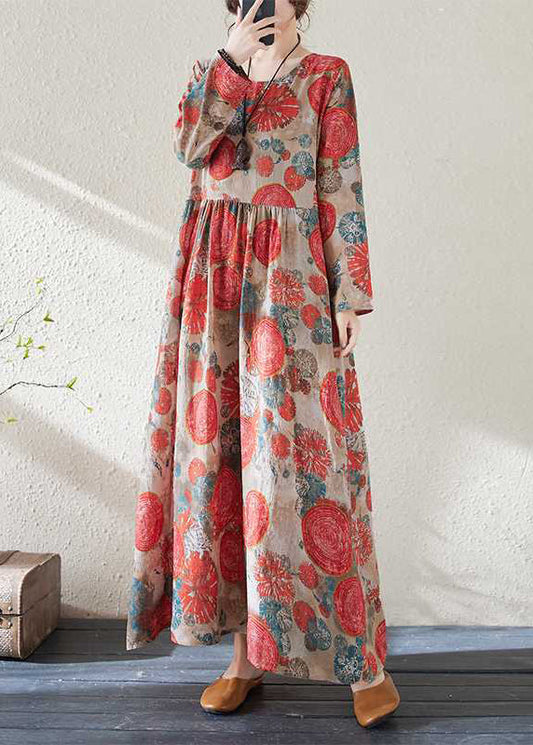 Handmade Red O-neck Print Wrinkled Holiday Dress Spring