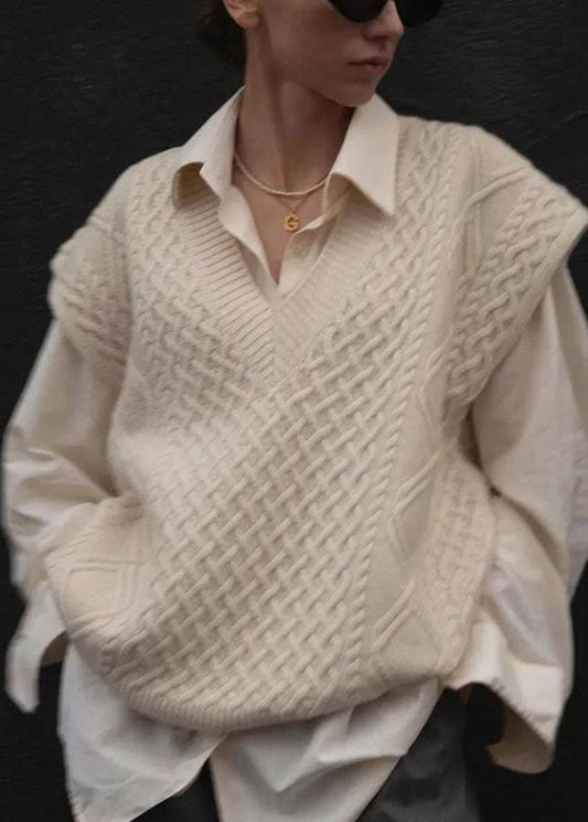Apricot V Neck Cozy Cable Cotton Knit Cardigans Sleeveless