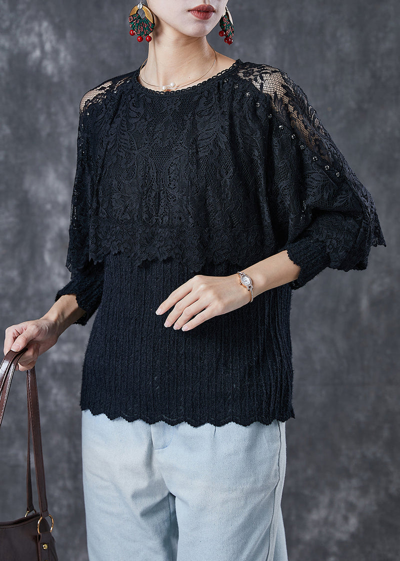 Black Hollow Out Patchwork Lace Tops Spring