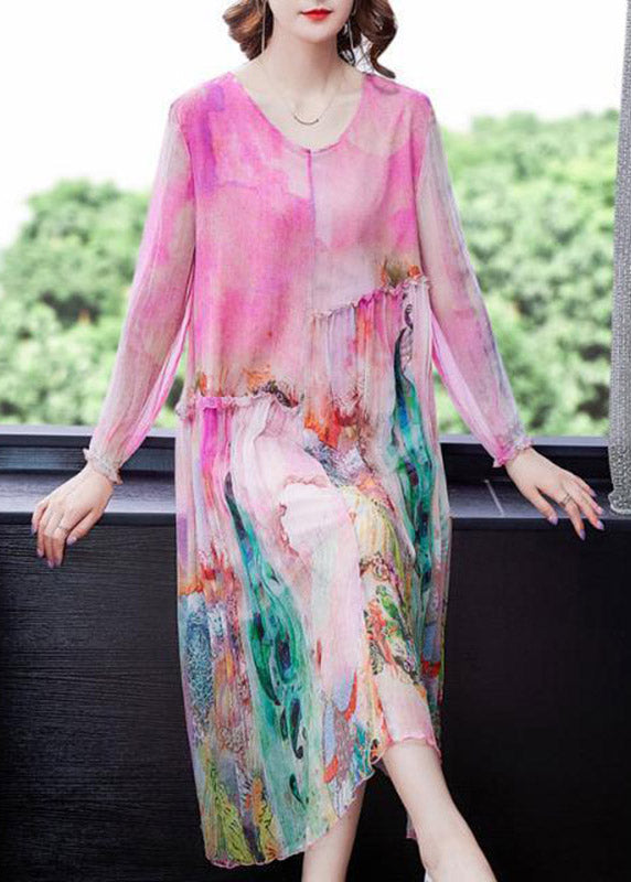 Loose O-neck Print Wrinkled Party Silk Dress Long Sleeve