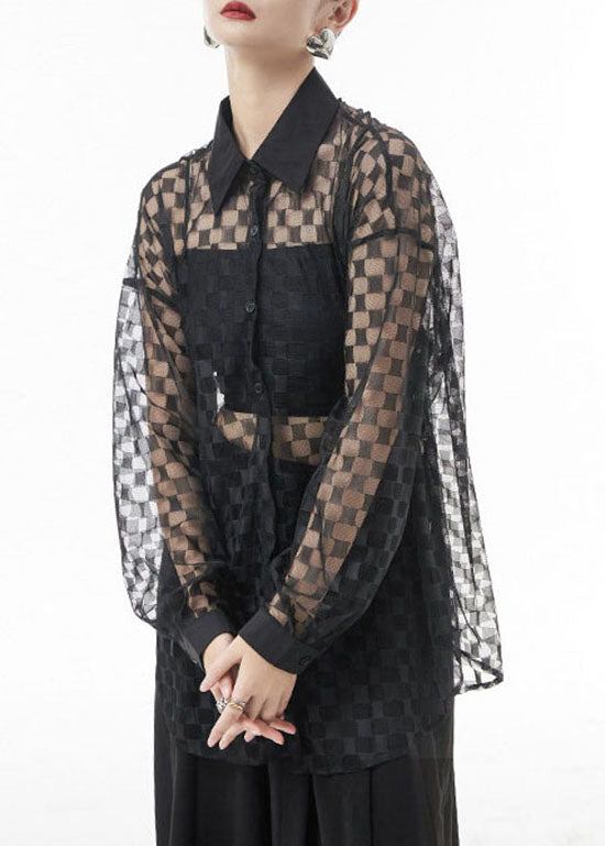 Loose Black Hollow Out Peter Pan Collar Plaid Patchwork Lace Shirts Spring