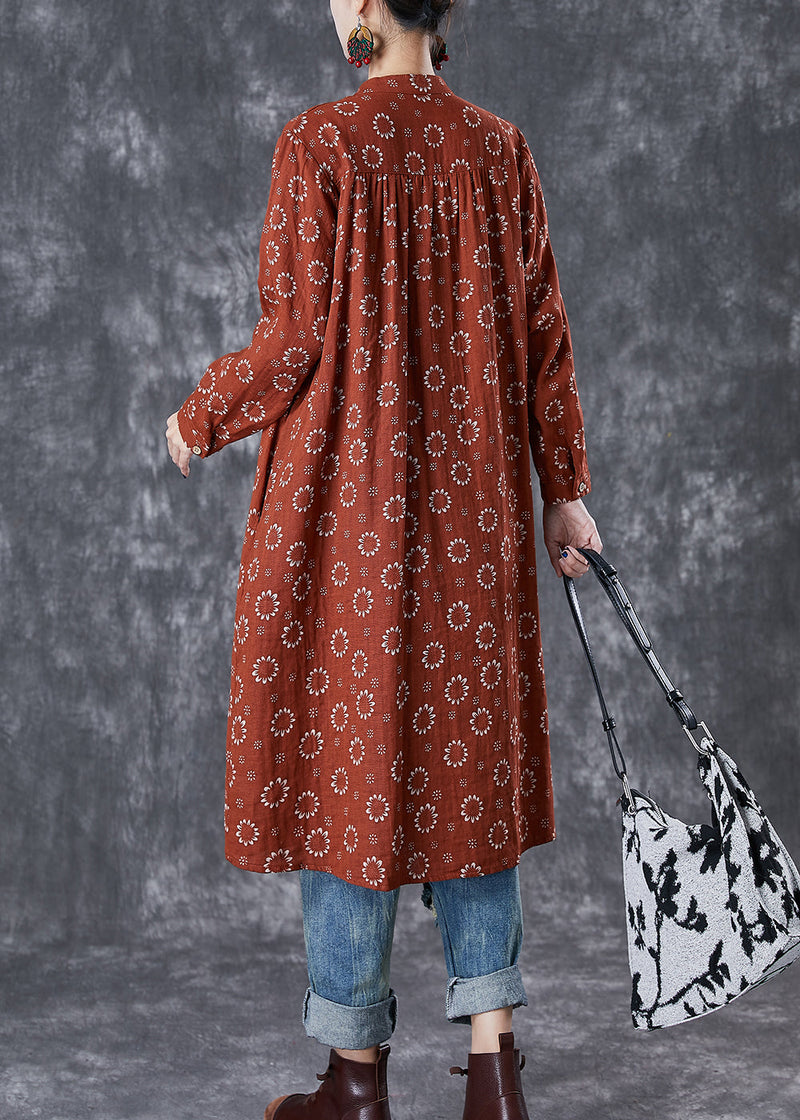 Red Print Cotton Shirt Dress Fall