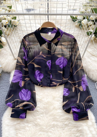 French Green Peter Pan Collar Print Button Chiffon Shirt Long Sleeve