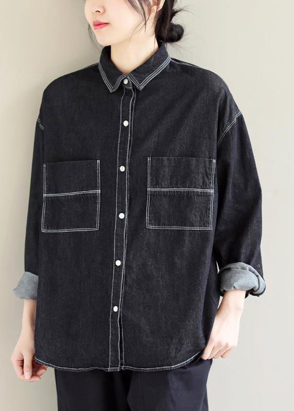 Denim Black Top Silhouette Lapel Pockets Vestidos De Lino Spring Shirts
