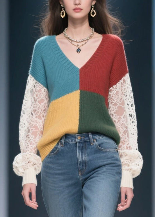 Mixed Color Hollow Out Patchwork Lace Sweater Tops Fall