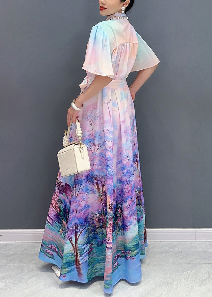 Violet Print Tie Waist Cotton Shirts Long Dresses Summer
