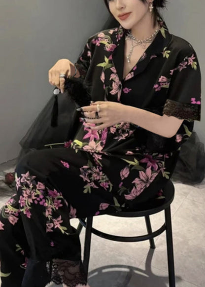 Black Notched Print Button Ice Silk Two Pieces Set Summer