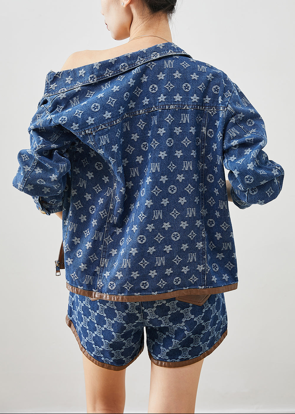 Navy Oversized Print Denim Two Piece Suit Set Fall
