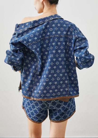 Navy Oversized Print Denim Two Piece Suit Set Fall