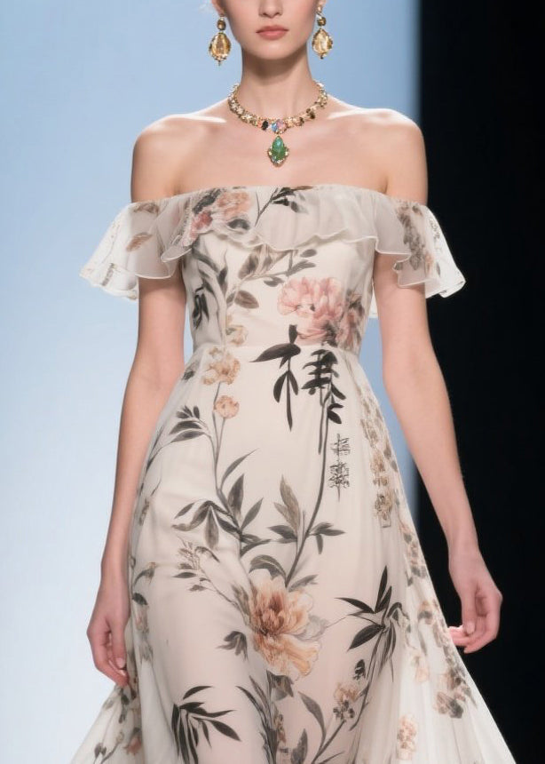 White Cold Shoulder Print Chiffon Maxi Dress Summer