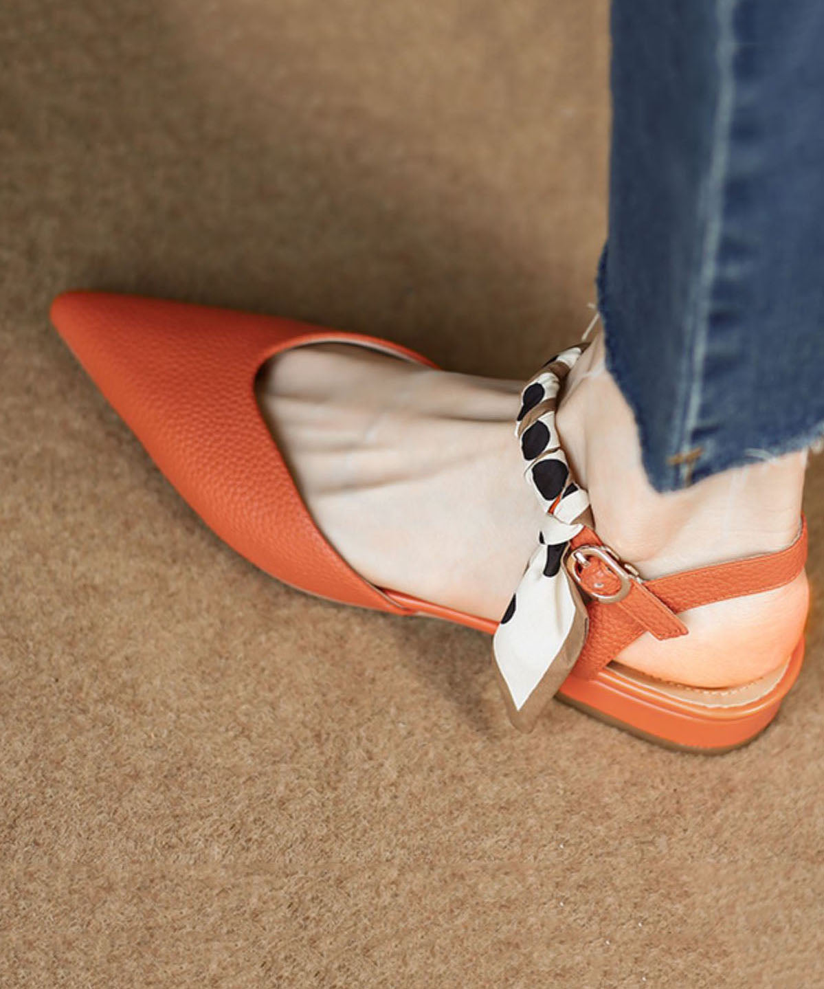 Orange Best Sandals for Walking Buckle Strap Splicing Chunky Pointed Toe