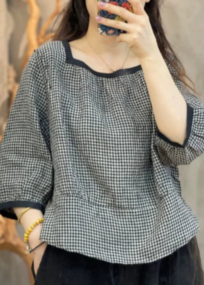 Loose Black Plaid O-neck Patchwork Shirt Bracelet Sleeve