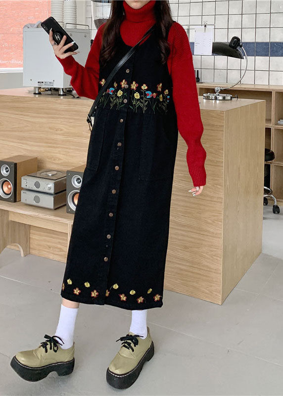 Black Slash Neck Embroideried Patchwork Button Denim Maxi Dress Sleeveless