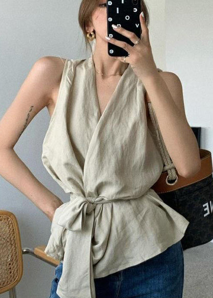 White Tie Waist Linen Vests Sleeveless