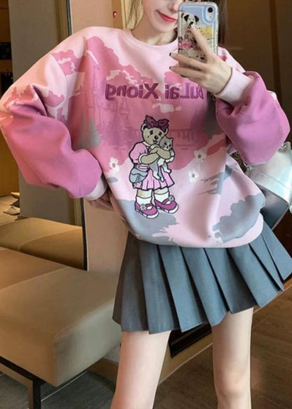Pink O Neck Embroidered Tie Dye Cotton Pullover Spring