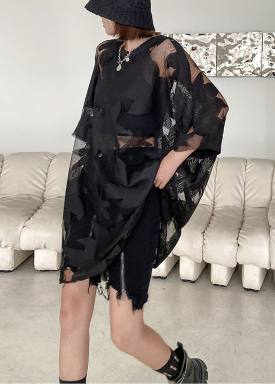 Black Embroideried Hollow Out Patchwork Lace Mid Dress Half Sleeve
