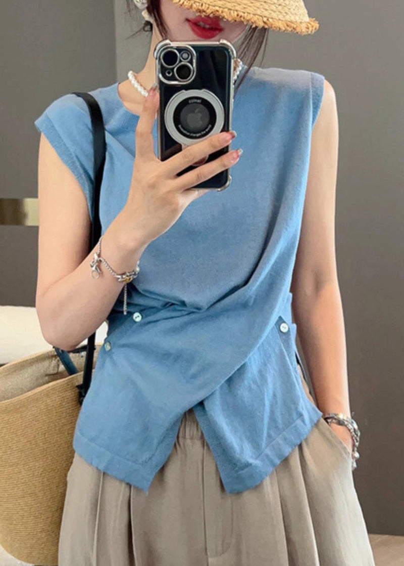 Apricot Asymmetrical Button Side Open Knit Tanks Sleeveless