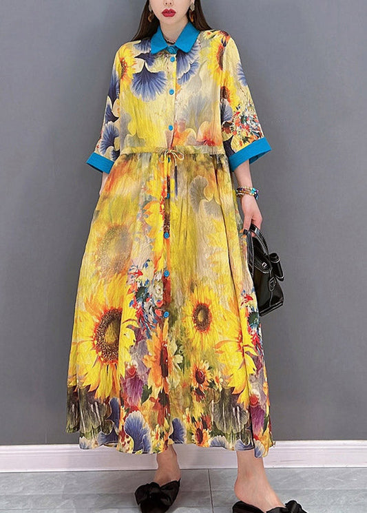 Yellow Peter Pan Collar Print Button Tie Waist Dresses Half Sleeve