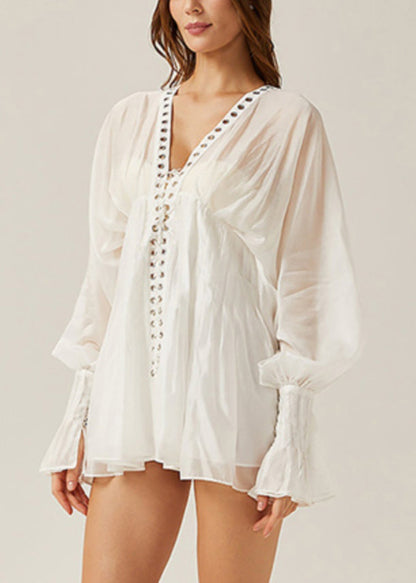 White Lace Up Hollow Out Thin Cotton Blouses Butterfly Sleeve