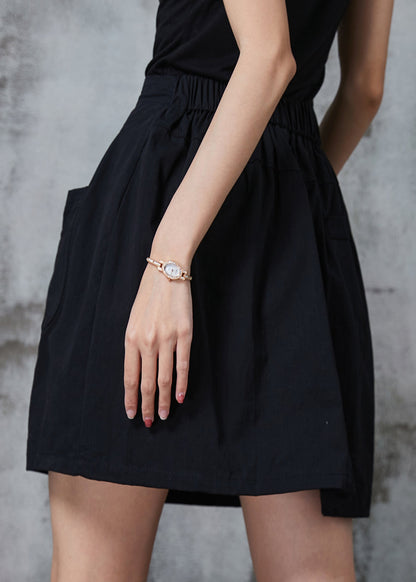 Black Drawstring Cotton a Line Skirt Summer