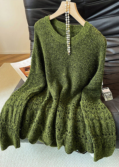 Green O Neck Hollow Out Knit Sweaters Fall