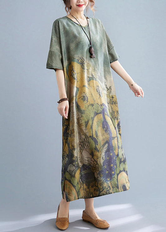 Peacock Green V Neck Print Side Open Dresses Short Sleeve