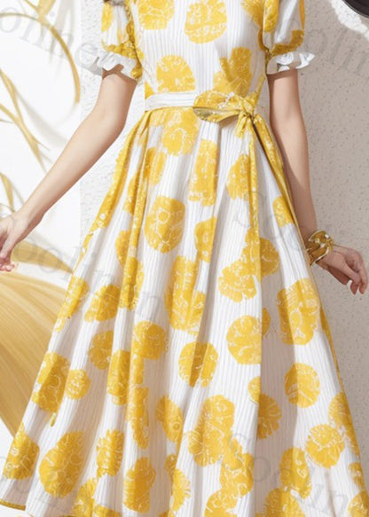 Loose Yellow Ruffled Print Lace Up Silk Dress Summer