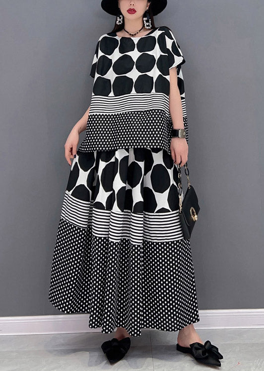 Loose Grey O-neck Dot Print Chiffon Tops and Skirts Two Pieces Set Short Sleeve