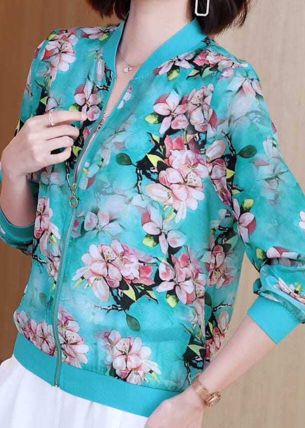 Diy Blue V Neck Zippered Print Patchwork Silk Jacket Summer