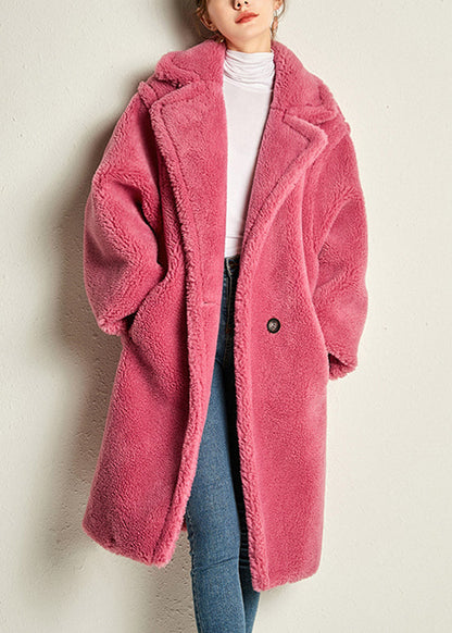 Rose Notched Pockets Cozy Loose Faux Fur Coat Long Sleeve