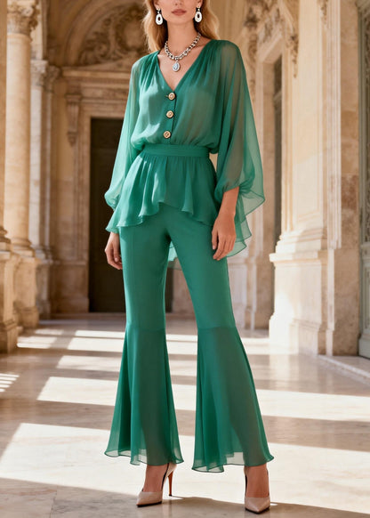 Stylish Green V Neck Patchwork Silk Two Piece Set Clothing Summer