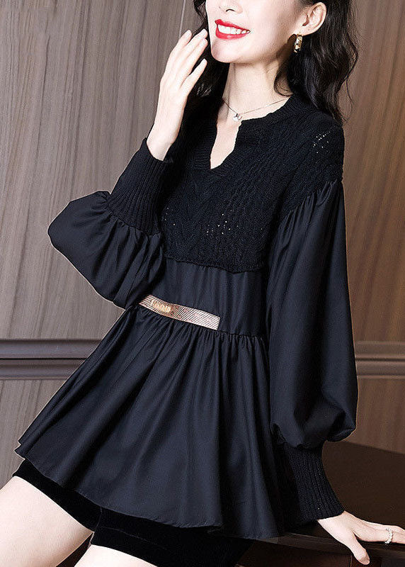 Black V Neck Knit Patchwork Chiffon Shirt Top Long Sleeve