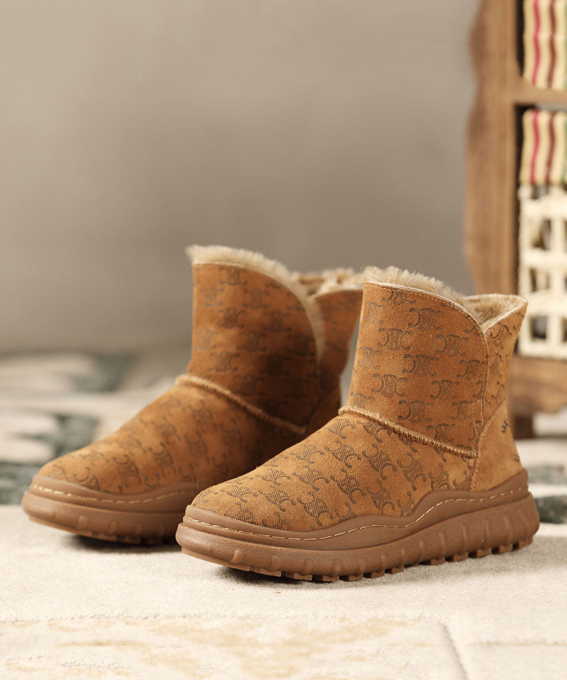 Brown Boots Thick Warm Fleece Cowhide Leather Ankle Boots