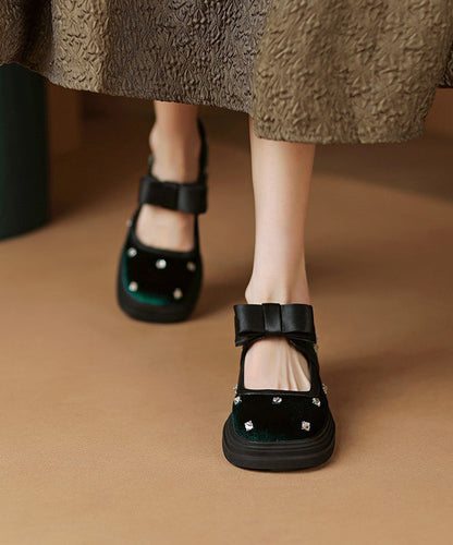 Black Bow Splicing Nail Bead Buckle Strap Chunky High Heels