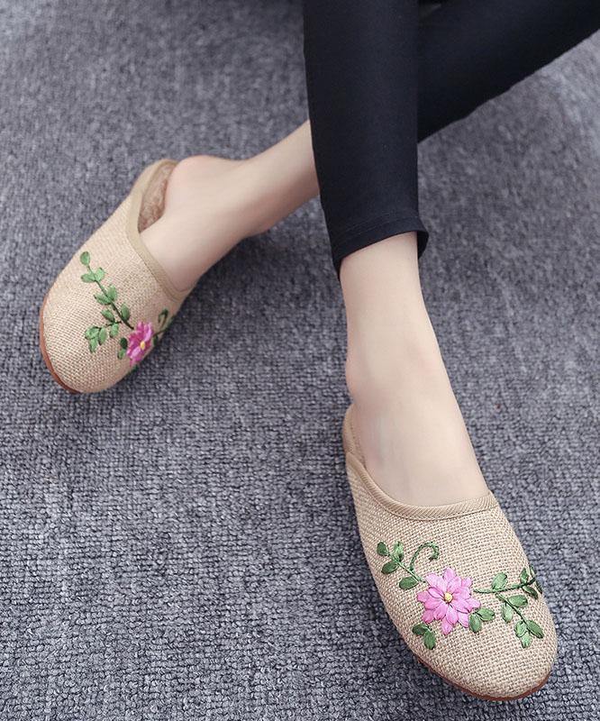 Khaki Embroideried Linen Fabric Slippers Shoes
