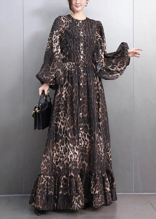 Leopard Button Tie Waist Maxi Dresses Fall