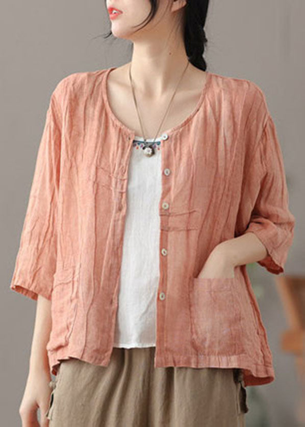 Pink Wrinkled Button Linen Shirts Bracelet Sleeve