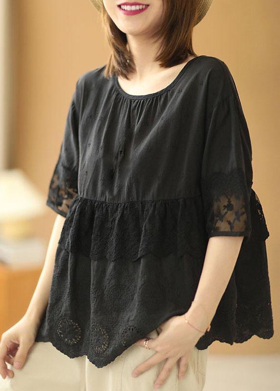 Black O-neck Lace Patchwork Fall Half Sleeve Blouse Tops