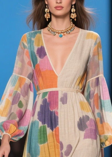 Apricot Print Patchwork Lace Holiday Dress Lantern Sleeve