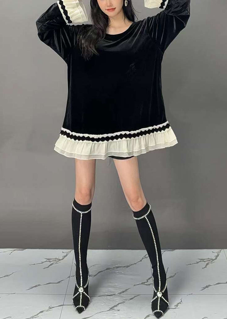 New Black O-neck Patchwork Silk Velour Tops Flare Sleeve