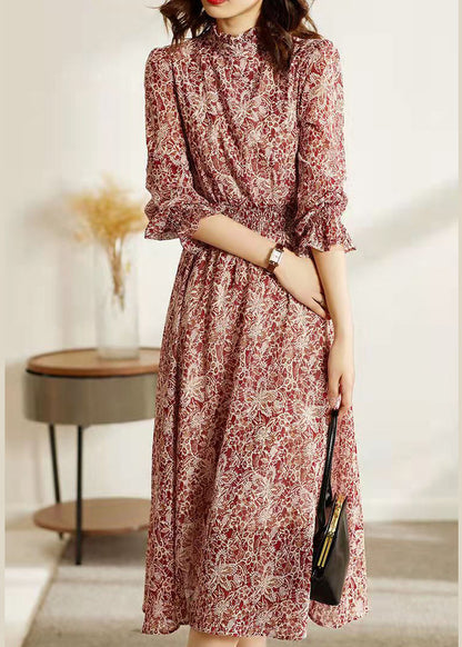 Style Red Stand Collar Elastic Waist Print Silk Long Dresses Flare Sleeve