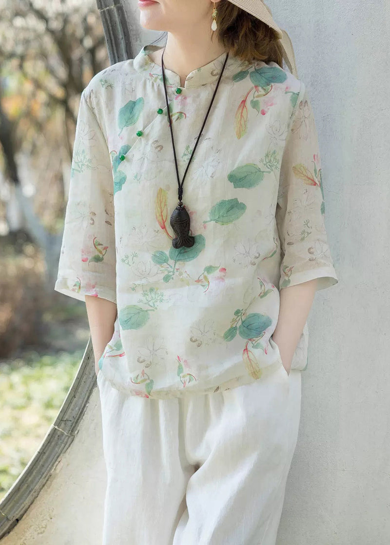 Green Print Stand Collar Button Linen Shirt Half Sleeve