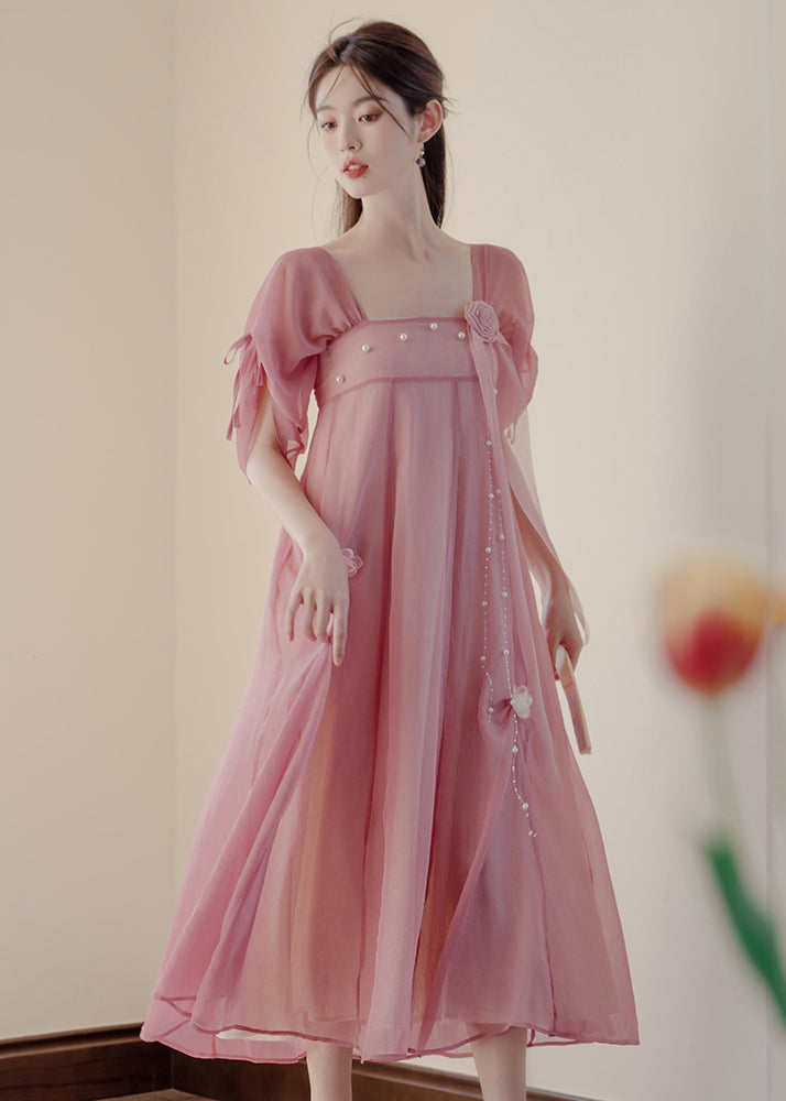 Classy Pink Drawstring Patchwork Chiffon Dress Summer