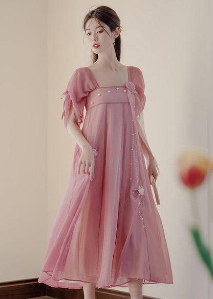 Classy Pink Drawstring Patchwork Chiffon Dress Summer