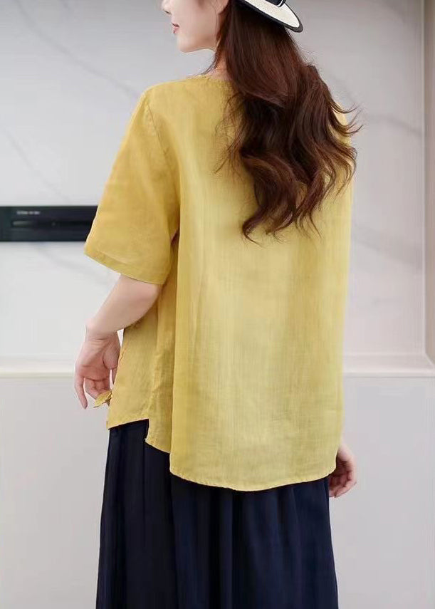 Boutique Orange O-neck Embroideried Low High Design Ramie T Shirt Summer