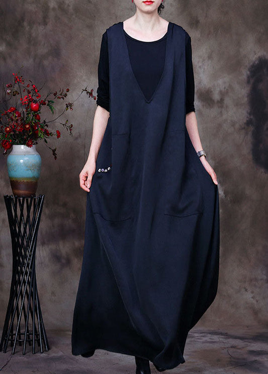 Black V Neck Pockets Silk Maxi Dresses Sleeveless
