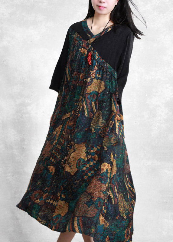 Black V Neck Patchwork Asymmetrical Print Silk Dress Three Quarter Sleeve