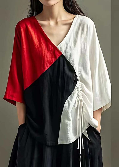 Colorblock Patchwork Linen Tops V Neck Drawstring Summer