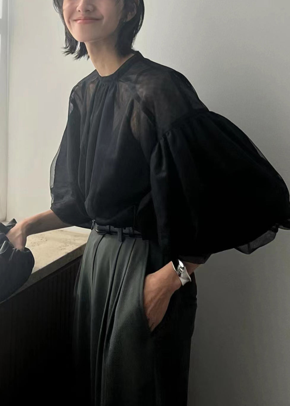 Fine Black Puff Sleeve Tulle Sheer Tops Summer